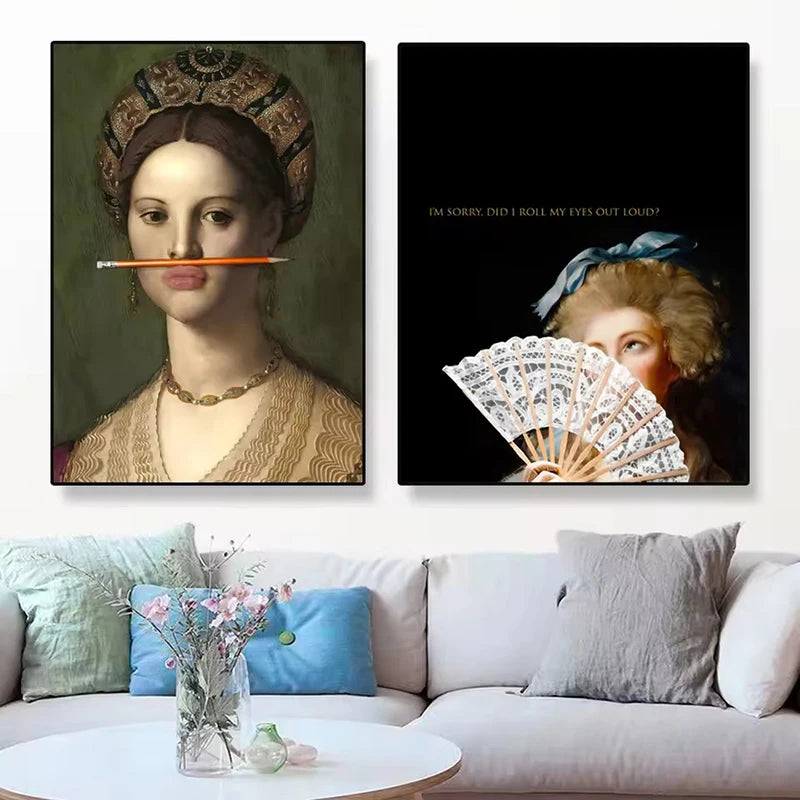 Funny Altered Portrait Canvas Poster Renaissance Vintage Woman Portrait Painting Print Retro Baroque Figure Painting Decor